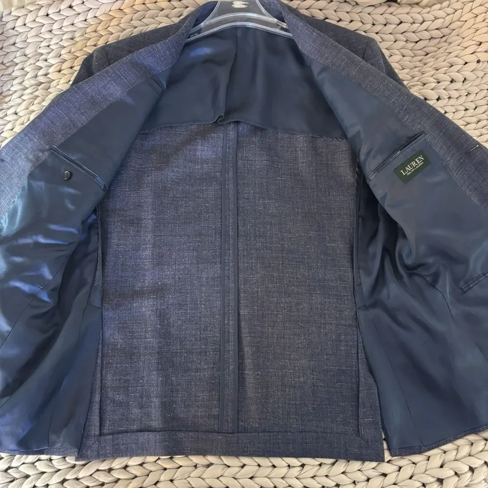 Lauren Ralph Lauren Men Suit Blazer Coat Jacket Sz 46 Wool/Linen/Silk Blue Plaid